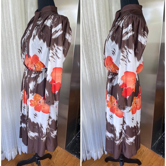 Vintage 70s shirtdress, long sleeves , brown floral, elastic waist, size medium - Picture 3 of 9